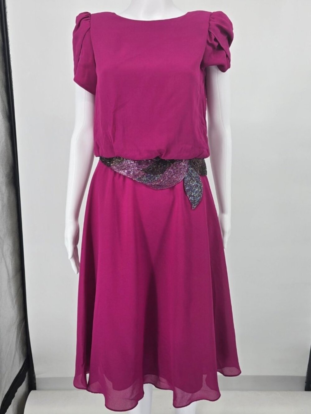 Vintage 1980s Denise Fashions Magenta Chiffon Bugle-Bead Applique Dress (S)